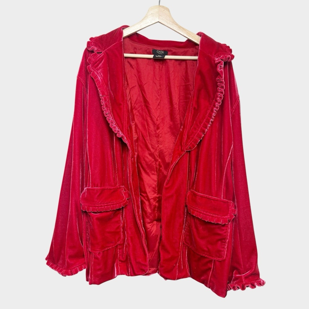 GNW Pink Velvet Jacket Ruffle Trim Blazer Satin Lined Holiday VTG Coquette 3X